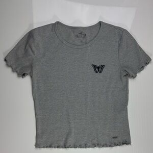 Hollister Gray Ribbed Short-Sleeve Tee with Butterfly Patch